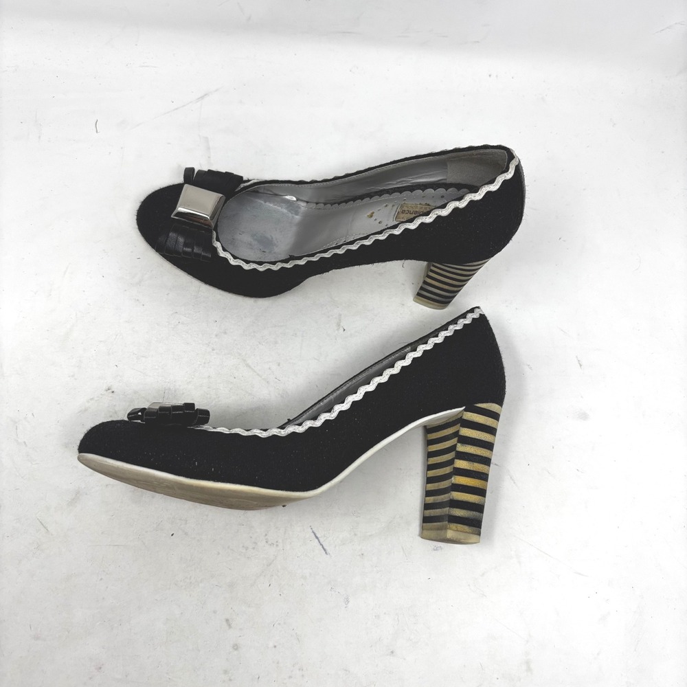 Pura Bianca Witchy Pumps Size 6 Striped Block‎ Heel Tweed Leather Bow Detail